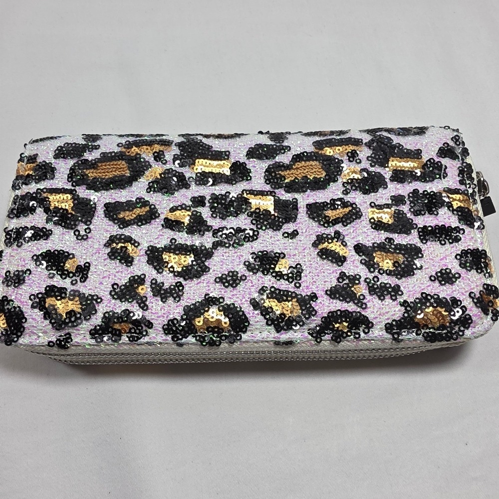 RFID blocking Sequin Leopard Print Double Zip Clutch with Wrist strap NEW - Picture 6 of 9